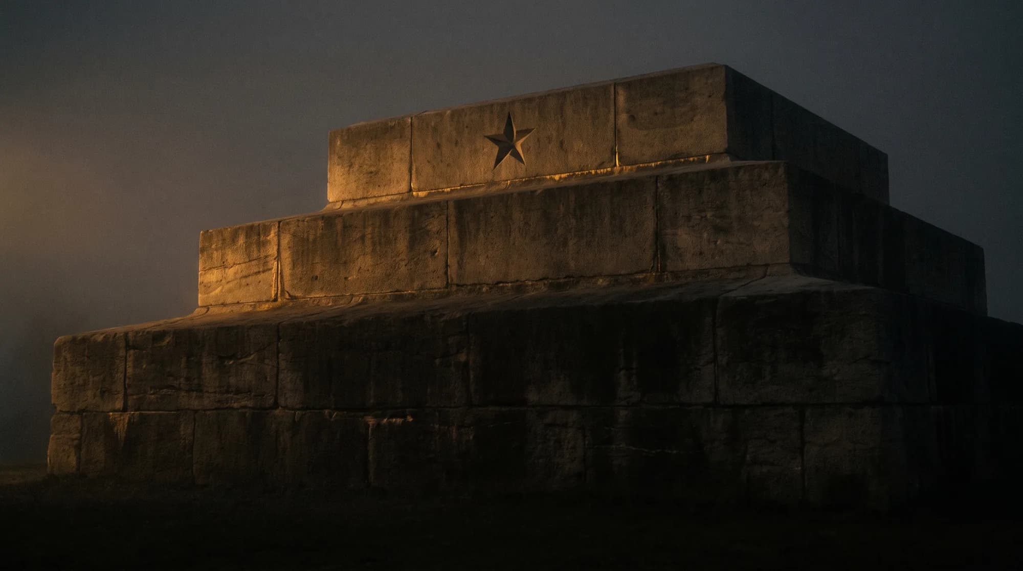 A monumental foundation of three great stone courses rising out of shadow, raked by gold light, a lone star cut into the topmost tier.