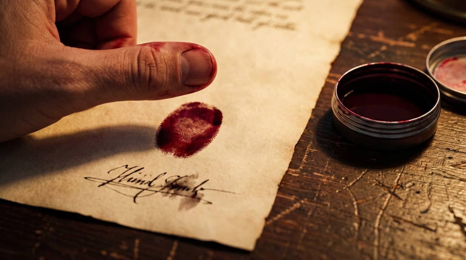 A thumb lifting from a fresh red-ink thumbprint pressed over a signature on aged parchment, a tin of red ink beside it