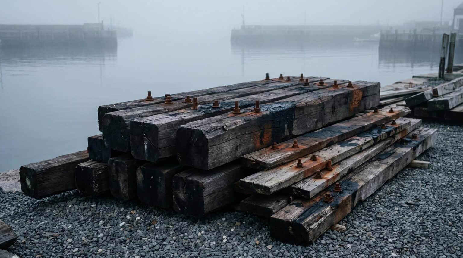 Weathered oak ship timbers stacked on a gravel shore at dawn beside a calm grey harbor.