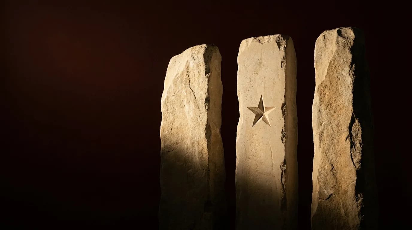 Three distinct upright stones of pale limestone standing apart in a row, raked by low gold light against deep shadow, a lone star carved into the center stone.